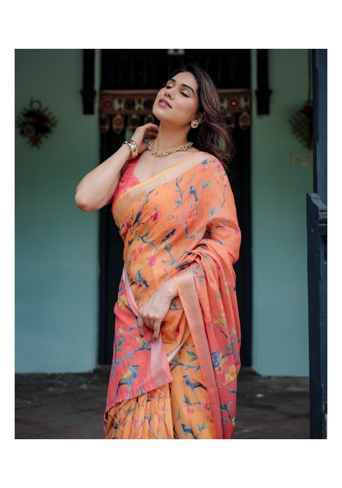 Malishka Export ساري قطن كتان برتقالي مزخرف للنساء - Image 4